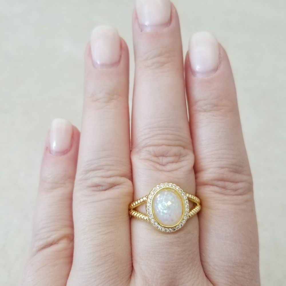 Simulated Opal & Yellow Gold Ring - Picture 7 of 8